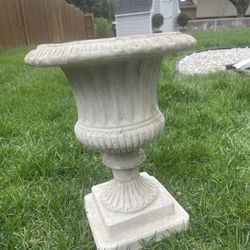 Cement Urn With Iron Spiral Topiary Frame For Vines