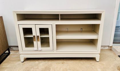 Modern Beige TV Stand with Glass Doors & Shelves – Media Console with Storage