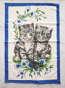 Vintage tea towels cats, health facts, worldly and strawberrie