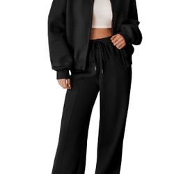 Aleumdr Women's 2 Piece Outfits Oversized Fleece Sweatsuit Zip Up Long Sleeve Sweatshirt with Wide Leg Sweatpants