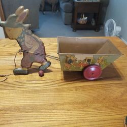 Vintage Tin Toy Rabbit And Wagon