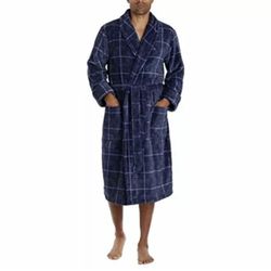 Tommy Bahama Men’s Plush Bath Robe Plaid Blue S/M Belted Pockets