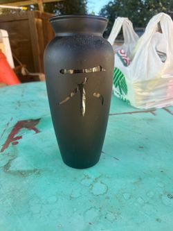 Black Frosted Glass Vase with Kanji Etching