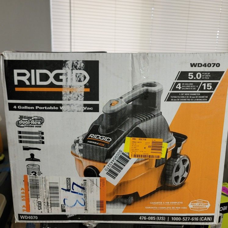 Ridgid 4 Gallon 5hp Wet/Dry Vacuum New In Box