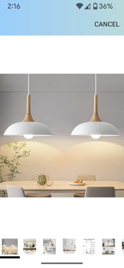White Pendant Lights Kitchen Island, 2 Pack Modern Pendant Light with Wood Cap, 13.8 inch Dome Pendant Light for Kitchen, Dining Room, Living Room
