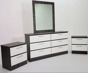 DRESSER WITH MIRROR AND TWO NIGHTSTANDS
