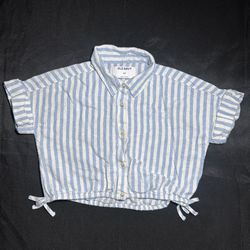 Size M: Women’s Short-Sleeve Blue Striped Crop Top Blouse  