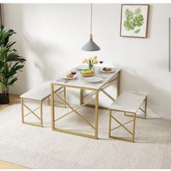 Dining Table Set for 3, 43.3" Rectangle Dinner Breakfast Dinette with 2 Benches, Set of 3, White & Gold Dining Table