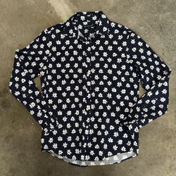 Flower Patterned Button Up Dress Shirt - Size Small (Navy Blue)