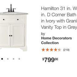 New, Hamilton 31 in. W x 23 in. D Corner Bath Vanity in Ivory with Granite Vanity Top in Grey