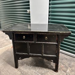 Distressed Dark Wood Table/Cabinet W/ Drawers