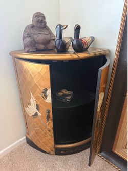 Asian-Style Gold Crane Corner Cabinet with Shelves