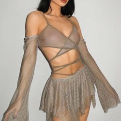 Mesh Rave Outfit - Skirt, Top, Sleeves Size S