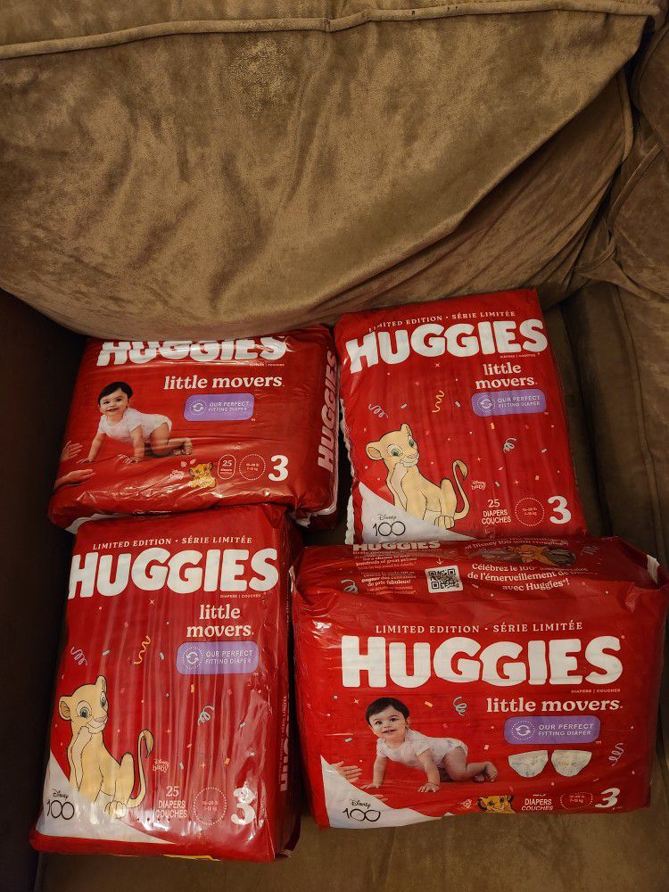4 Packs HUGGIES Little Movers Sz 3 (25 Per Pack) 100 Diapers