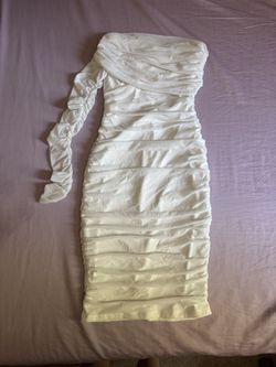 White Mesh Ruched Asymmetrical Dress