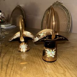 Vintage Hand-Painted Bohemian Glass Basket Vases – Floral Enamel & Gold Luster (Pair)