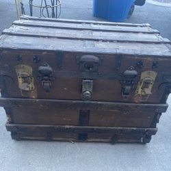 Antique Wood Steamer Trunk w/ Metal Hardware – Rustic Storage Chest