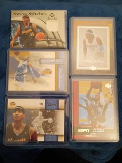 Carmelo Anthony Upper Deck Sweet Stitches material card + 4 cards.