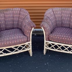 OVERSIZED FICKS REED LATTICE RATTAN LOUNGE CHAIRS $175 for the set. Dimensions in last pic.