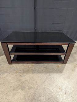 Modern Dark Wood and Black Glass Three-Tier Media Console