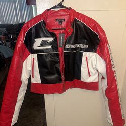 PrettyLittleThing Racing Faux Leather Crop Jacket Red Black White NWT Medium