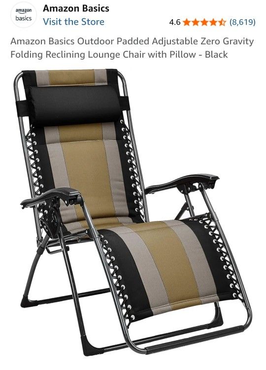 Outdoor Padded Adjustable Zero Gravity Folding Reclining Lounge Chair with Pillow - Black, BRAND NEW