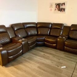 Brown Leather Sectional Sofa With Power Reclining Seats