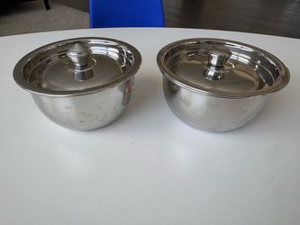 Set of 2 Vintage Copper & Stainless Steel Karahi Bowls Brass Handles (6")