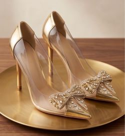 Gold Clear Stiletto Heels with Crystal Bow