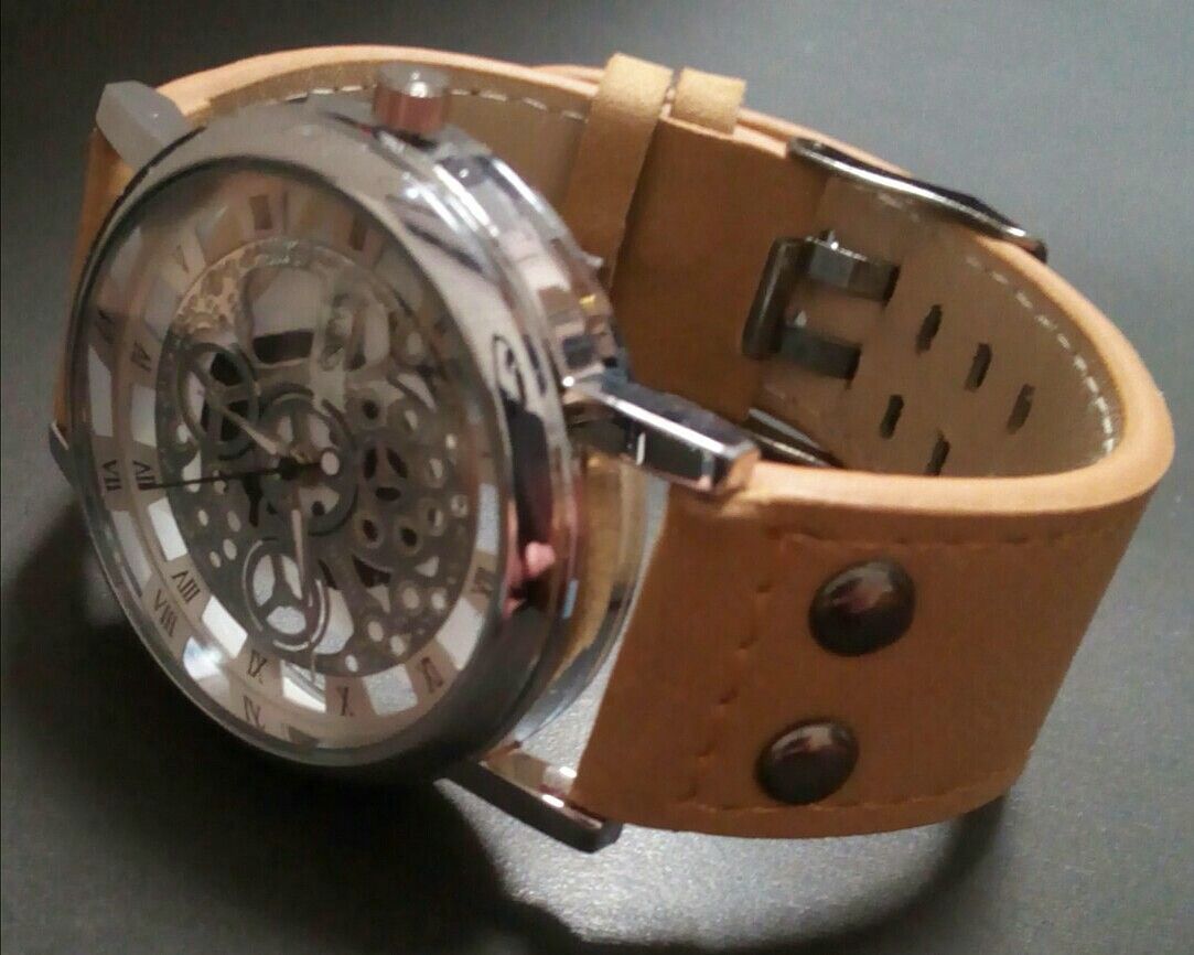 See-Thru Hollow Dial Watch -Brand New -All Glass Front & Back Dial Showing Parts Inside -Leather Strap