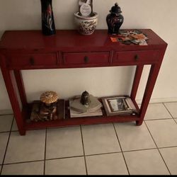 Distressed Red Elmwood Chinese Ming Console Table with 3 Drawers