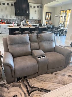 Gray Leather Power Reclining Loveseats with Console