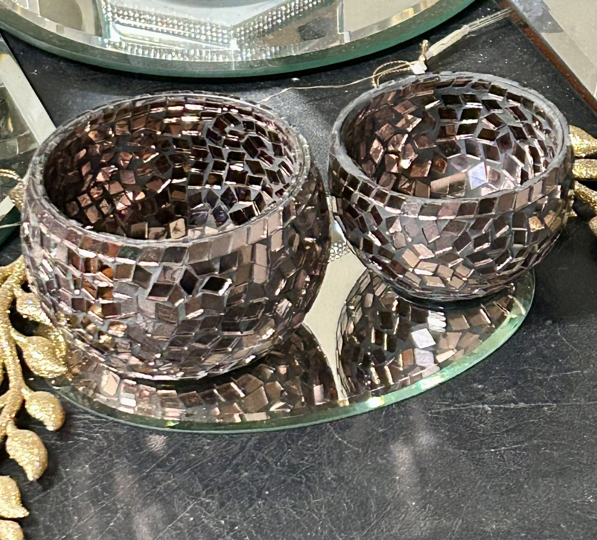 Pretty Bronze Mirrored Candle Holders 2”, 3”