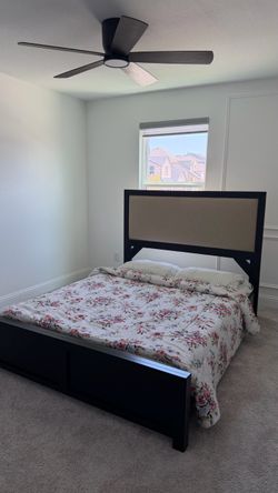 Black Wood Bed Frame with Upholstered Headboard