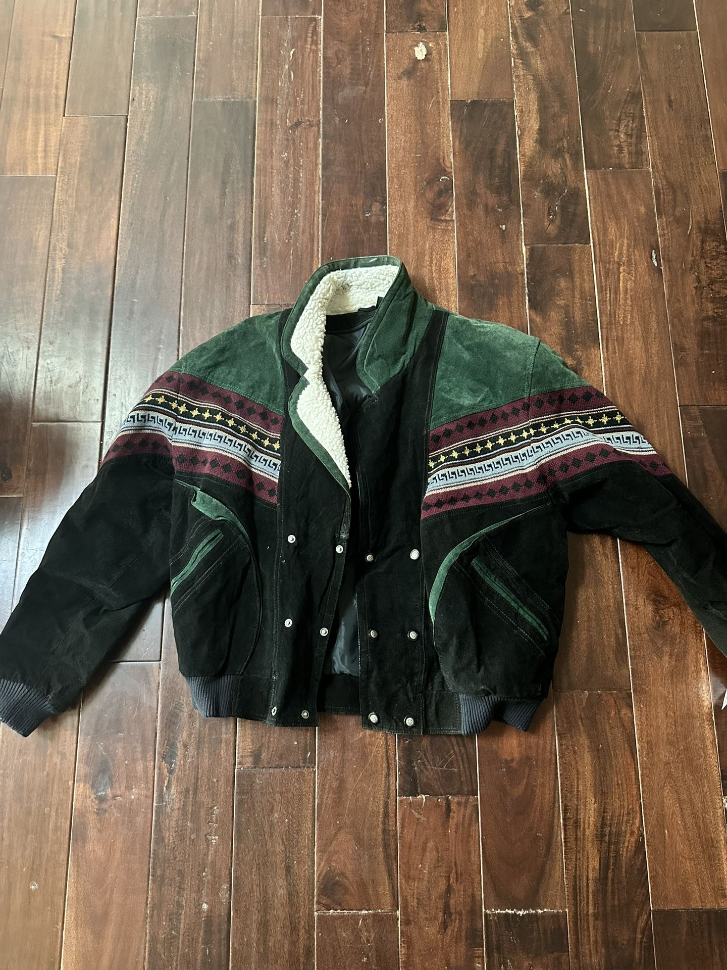 Vintage Leather Aztec Style Jacket Men’s Green With Red Design Extra Large Size