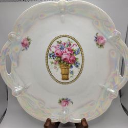 Vintage Plate Florals Germany Scalloped Opalescent Plate Cut Out Handles 9.5"
