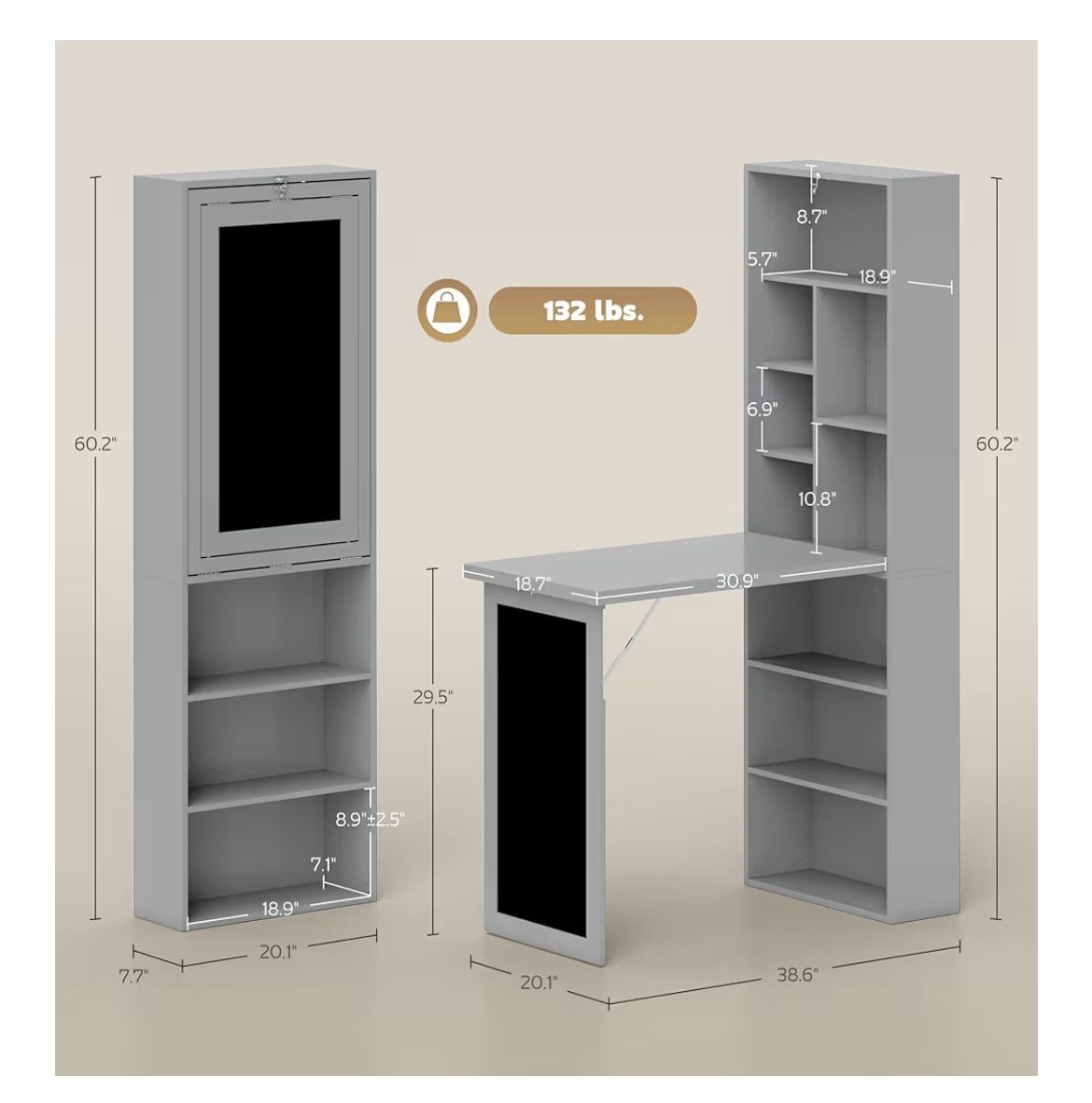 HOMCOM Fold-Out Convertible Writing Table, Wall Mount Desk Cabinet with Blackboard and Side Shelf Multi-Function Home Office Workstation, Charcoal Gra