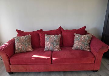 Oversized Coral Red Sofa Couch w/ Accent Pillows – 91” Wide