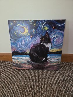 Tuxedo Cat Starry Night Wrapped Canvas