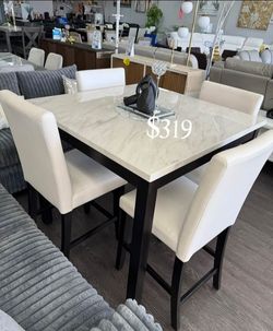 Gorgeous ‼️ 5-Pc Counter Height dining table set white faux marble table top