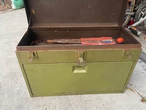 Vintage Metal Toolbox With Tools (Wrenches, Sockets,miscellaneous)