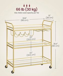VASAGLE Bar Cart Gold Large Home Bar Serving Cart w/ 3-Tier Mirrored Shelf - Gold