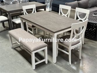 New! 6pcs Dining Set, Table And Chairs, Bench, Dinette Set, Dining Room Set, Table, Chairs, Kitchen Table, Dinette Set, White Wooden Table Dining Set 