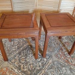 Pair of Vintage Square Elmwood or Teak Chinese Ming Style End Tables.  