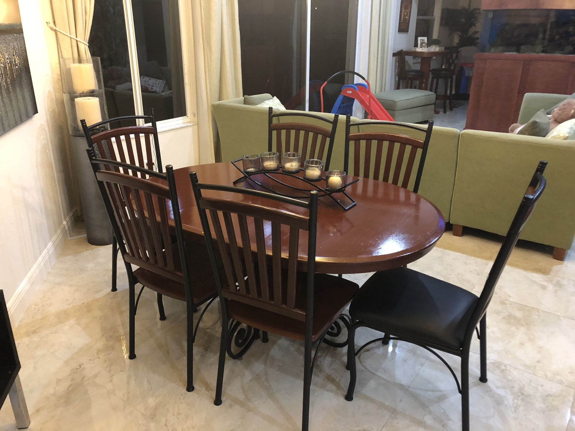 Dining table set with chairs and bar stools