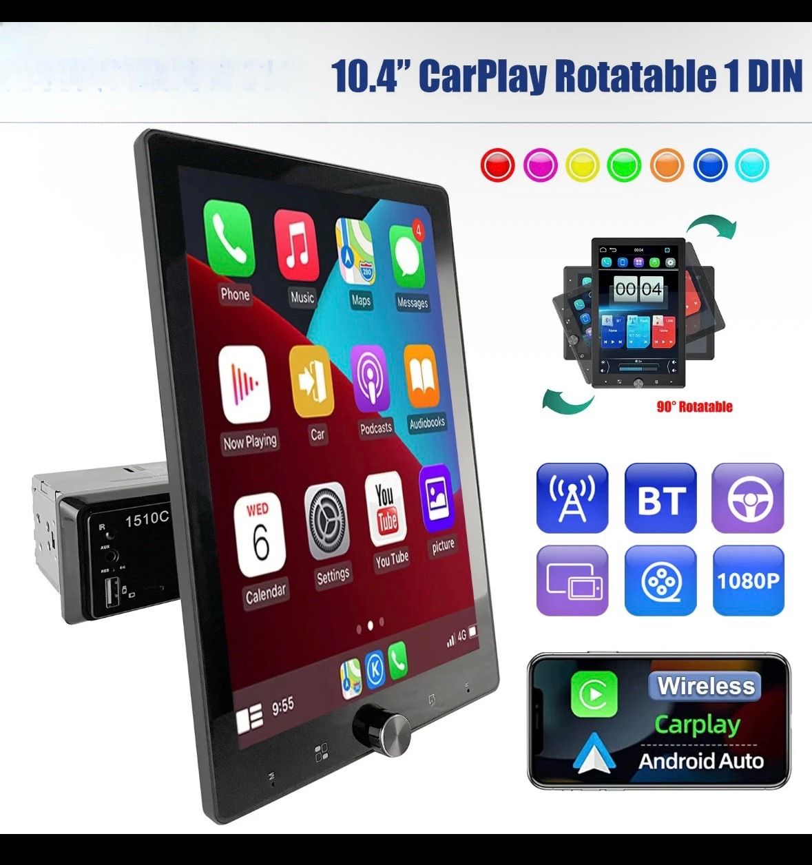 10.4" IPS 1 Din Rotating Car Stereo Wireless Carplay Android Auto