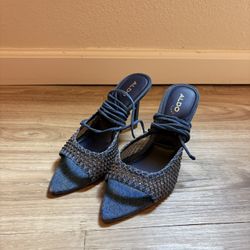 ALDO Blue Strappy Beaded Mesh Denim Open Toe Ankle Strap Heels