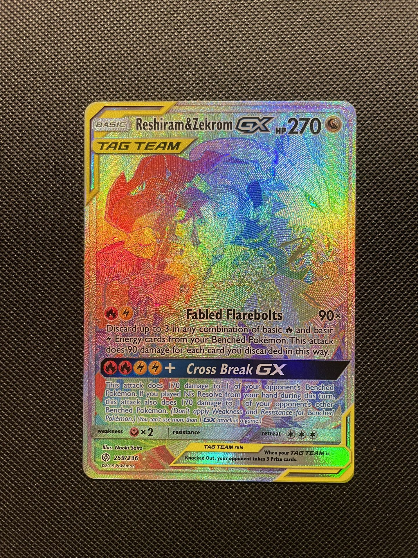 Reshiram & Zekrom GX Tag Team Rainbow Full Art Hyper Secret Rare *MINT* Pokémon 259/236 Sun Moon Cosmic Eclipse Pokemon