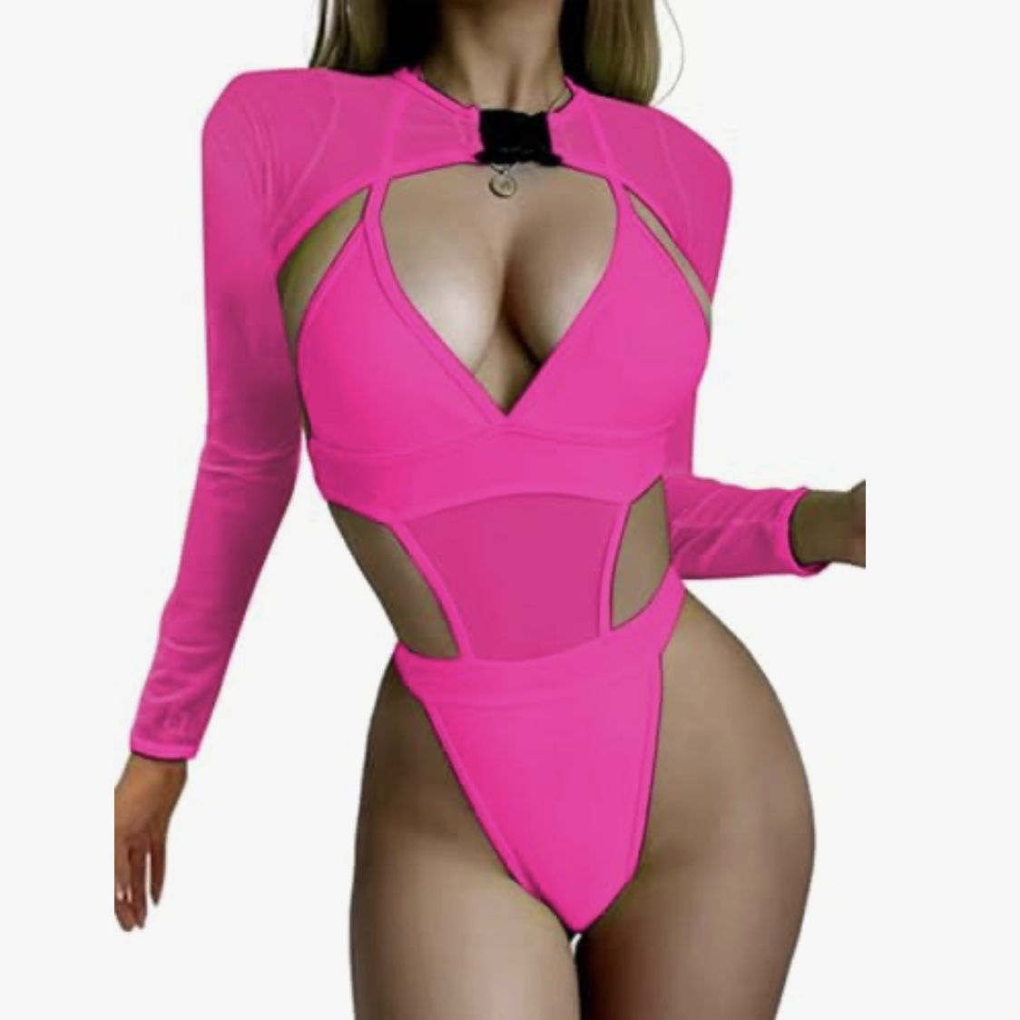 Neon Pink One Piece Bodysuit Swimsuit With Mesh Sleeve