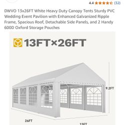 DWVO 13x26FT White Heavy Duty Canopy Tents Sturdy PVC Wedding Event Pavilion with Enhanced Galvanized Ripple Frame, Spacious Roof, Detachable Side Pan